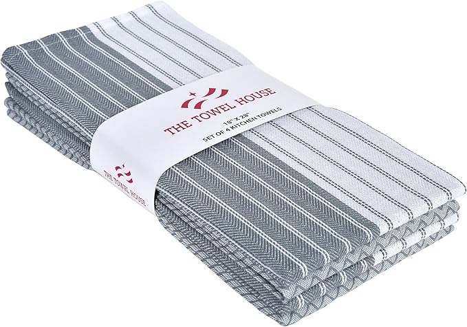100% Cotton Kitchen Towels – Ultra Absorbent and Quick-Dry Dish Towels with Hanging Loop – Extra Large 18x28 Inches – Lint-Free, Soft and Durable – Grey (Pack of 4)