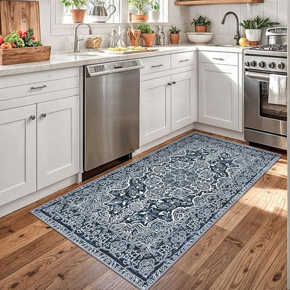 KUTA 3x5 Rugs for Entryway Non-Slip Washable Area Rug, Vintage Floral Kitchen Rugs Navy Blue, Ultra Soft Printed Medallion Tribal Entry Low-Pile Carpet for Entrance Bedroom Nursery Dorm Décor