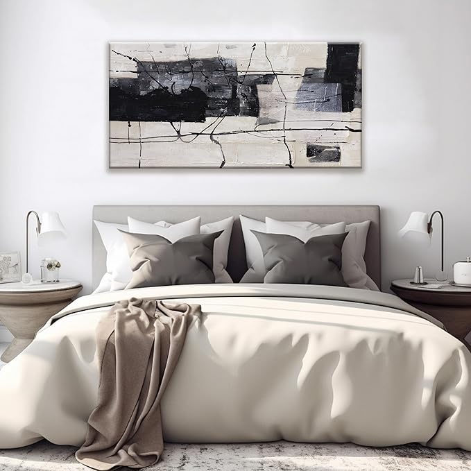 Black Abstract Wall Art prints Decor Grunge Room Decor Art Canvas Wall Decoration 24" x 48" Painting Black And White Artwork for Bedroom Home Office Dining Room Decor