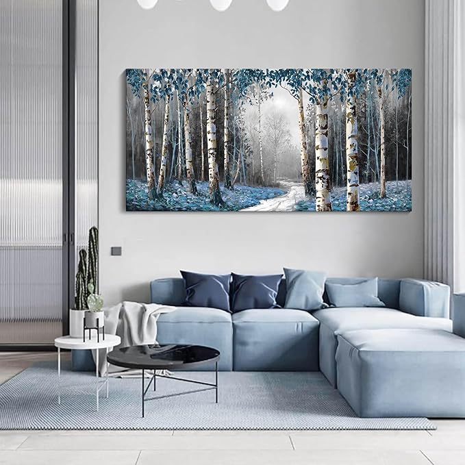 HKDGOKA Large Canvas Wall Art - Gray Blue Tree Abstract Canvas Painting Textured Picture, Modern Landscape Artwork Framed for Living Room Bedroom Bathroom Office Home Decor 58"x29"