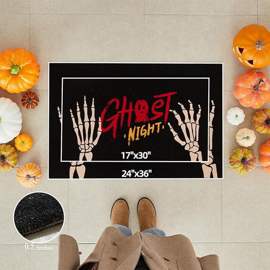 Halloween Door Mat, Halloween Doormat Outdoor Front Door Entrance Absorbent Entry Mat with Non Slip Backing, 24''x36'', Skeleton Black
