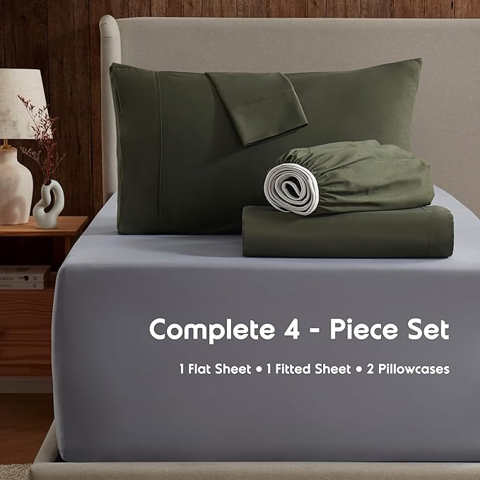 Nestl Short Queen Sheet Set - 1800 Ultra-Soft Microfiber - Double Brushed - Deep Pockets - Easy Fit - 4 Piece Set - Bed Sheets (Short Queen, Olive Green)