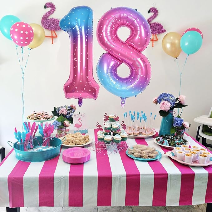 40 Inch Rainbow Foil Balloon Number 8, Giant Self Inflating Gradient Blue Pink Number Balloons 0-9 for Women, Starry Print 8 Helium Balloons Set for Girls 8th Birthday Party Decorations Supplies