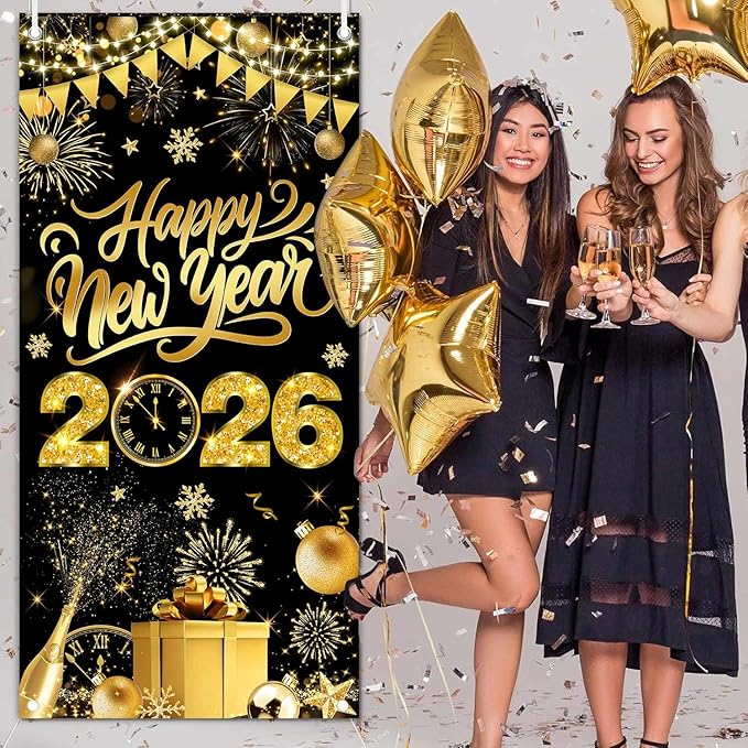 Black Gold Happy New Year 2026 Door Cover, Large 2026 NYE Front Door Banner New Year Eve Party Backdrop Decoration for Indoor Outdoor Festive NYE Hanging Sign