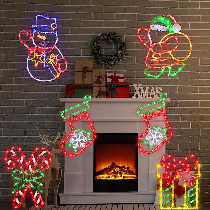 16" Christmas Window Silhouette Lights - 4 Pack Colour Lighted Christmas Stocking & Candy Cane & Gift Box & Santa for Holiday Indoor and Outdoor Wall Door Window Decorate