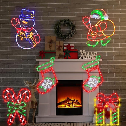16" Christmas Window Silhouette Lights - 4 Pack Colour Lighted Christmas Stocking & Candy Cane & Gift Box & Santa for Holiday Indoor and Outdoor Wall Door Window Decorate