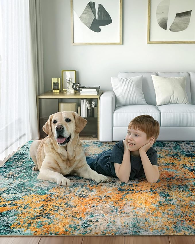 10x12 Area Rug for Living Room - Washable Abstract Rus Modern Neutral Soft Rug for Bedroom Dining Room No Slip Low Pile Carpet for Nursery Home Office - Teal/Orange