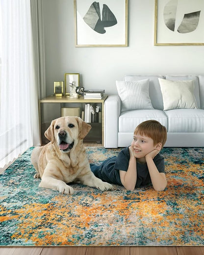 10x12 Area Rug for Living Room - Washable Abstract Rus Modern Neutral Soft Rug for Bedroom Dining Room No Slip Low Pile Carpet for Nursery Home Office - Teal/Orange