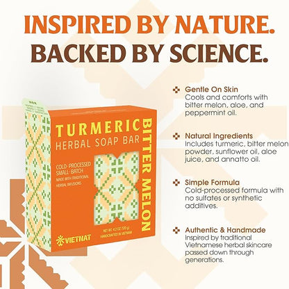 Turmeric & Bitter Melon 2-in-1 Luxurious Natural Soap Bar (Pack of 5) | Refreshing Cleanse for Sweat, Oil & Buildup | Cooling Lemongrass Peppermint | Cold Process | Handmade in Vietnam
