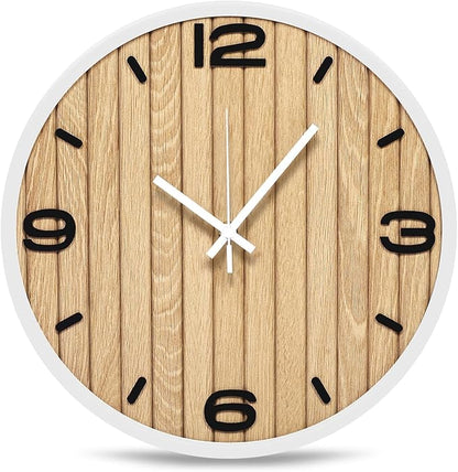 Round Wall Clock Battery Operated, Modern Wooden Small Analog Clocks 12 Inch Silent Non-Ticking for Home, Office, Apartment, Living Room, Bathroom, Kitchen, Bedroom