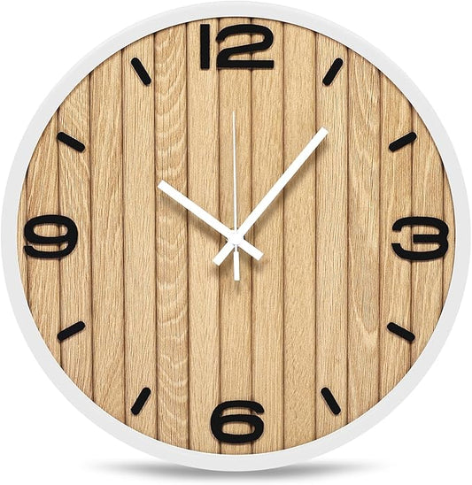 Round Wall Clock Battery Operated, Modern Wooden Small Analog Clocks 12 Inch Silent Non-Ticking for Home, Office, Apartment, Living Room, Bathroom, Kitchen, Bedroom