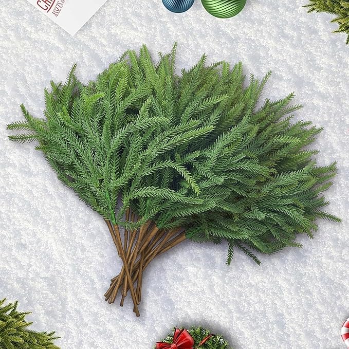 16 Pcs Norfolk Pine Stems, 19" Long Artificial Christmas Norfolk Pine Branches, Faux Greenery Stems, Real Touch Christmas Green Plants Branches for Vases, DIY Wreath, Xmas Home Decorations