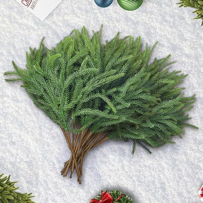 16 Pcs Norfolk Pine Stems, 19" Long Artificial Christmas Norfolk Pine Branches, Faux Greenery Stems, Real Touch Christmas Green Plants Branches for Vases, DIY Wreath, Xmas Home Decorations