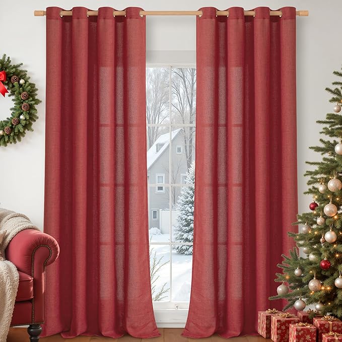 YoungsTex Red Linen Curtains 102 Inch Length for Living Room, Light Filtering Semi Sheer Window Drapes with Bronze Grommet Privacy for Christmas Decor Bedroom, 52 x 102 Inch, 2 Panels