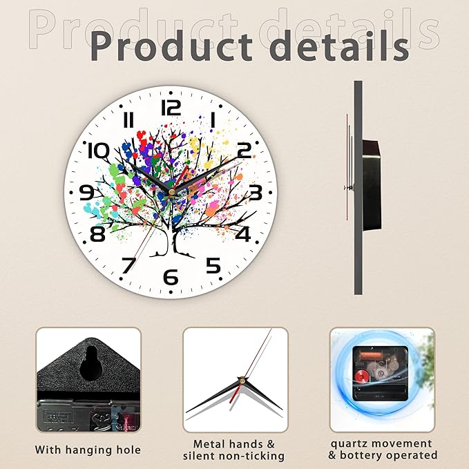 Tree of Life Wall Clocks Wooden Wall Clock Art Hanging Clocks Silent Non-Ticking Wall Clock Battery Operated Round Home Arabic Numeral Decorative Wall Clocks 10 Inch