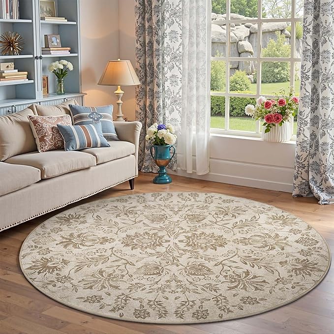 jinchan Classic Floral Round Rug 6ft, Vintage-Inspired Neutral Design 6’Circle Rug, Machine Washable Ultra-Thin Low-Pile Non-Slip Indoor Carpet for Bedroom Dining Room Living Room Entryway, Taupe