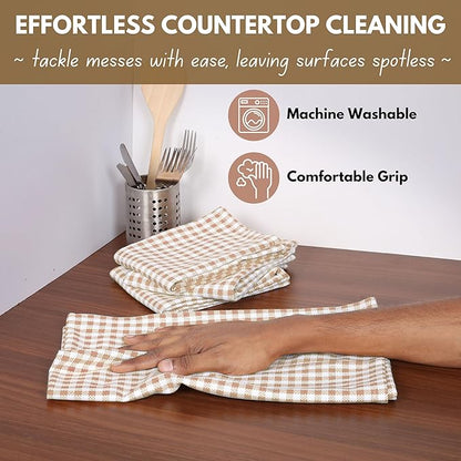 Native Fab Gingham Check Kitchen Dish Towels 16"x26" Set of 12-100% Cotton Mini Plaid Washcloths - Absorbent Dish Cloths Set, Cleaning Hand Towels with Hanging Loop - Beige White