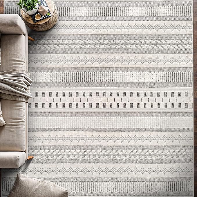 Beverly Rug Micro Loop Area Rug Gray/White 9x12 Geometric Modern Scandinavian Striped Durable Soft Indoor Rugs for Living Dining Room Office Stain Resistant Non Shedding Casual Indoor Carpet 9 x 12