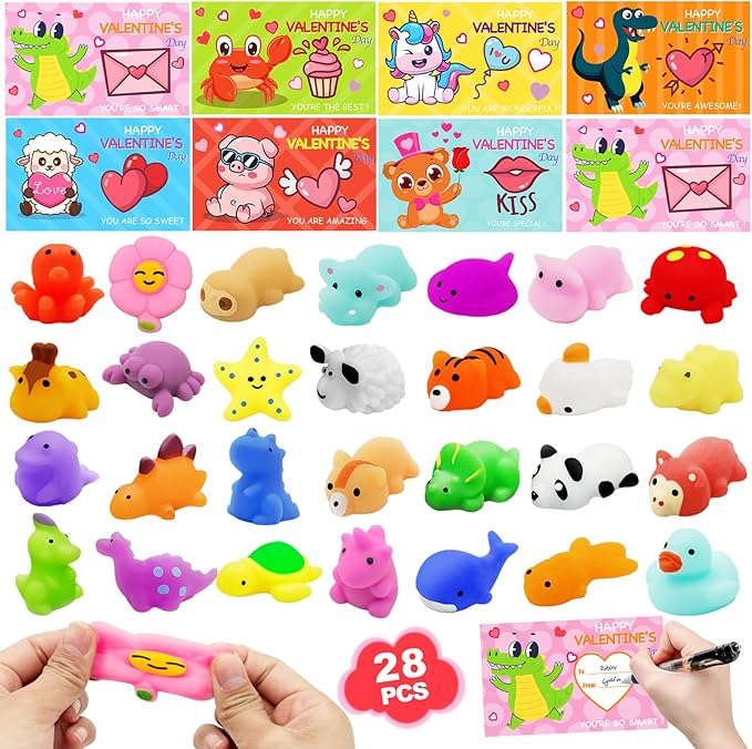 28 Packs Valentine Mochi Squishy Toys with Cards Animal Squishies for Kids Valentines Day Gift Exchange Boys and Girls Classroom Prizes Valentine Party Favors Supplies