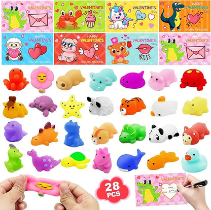 28 Packs Valentine Mochi Squishy Toys with Cards Animal Squishies for Kids Valentines Day Gift Exchange Boys and Girls Classroom Prizes Valentine Party Favors Supplies
