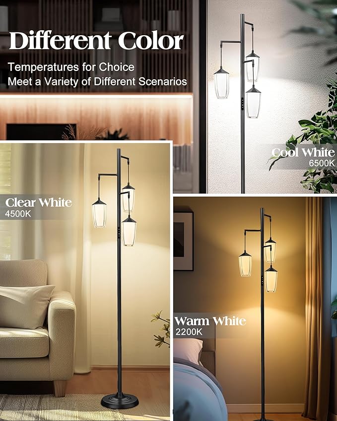 ELYONA Modern Dimmable Floor Lamp, 3-Light Standing Lamp with Remote & Touch Control, Stepless Adjustable 2200K-6500K Colors & Brightness 24W LED Reading Light for Bedroom Living Room Office, Black