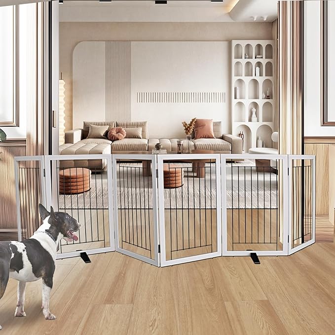 ZJSF Freestanding Dog Gate Indoor, Foldable Dog Fence for Doorways,Hallways or Stairs, Sturdy Wood Extra Wide Pet Gate with Support Feet,Grey,32 "Height-6 Panels