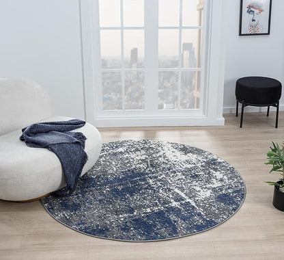 Keen Home Design Area Rugs - 8ft Round Non-Shedding, Abstract Rugs for Kitchen, Living Room, Bedroom, Dining Room, Entryway - Size: 7'10" Round, Navy/Grey/White