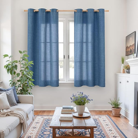 YoungsTex Navy Blue Linen Curtains 45 Inch Length, Short Light Filtering Semi Sheer Drapes with Bronze Grommet Privacy for Bathroom Living Room Windows, 42 x 45 Inch, 2 Panels