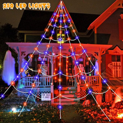 16.4 Ft Halloween Spider Webs Lights Decorations 250 Purple & Orange LED Lights with 40 Small Spiders, Halloween Giant Spiderweb Lights Outdoor Decor for Yard Haunted House Party