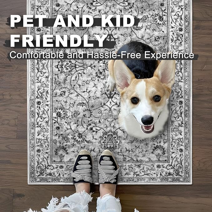 KILOCOCO Moroccan Kitchen Runner Rug 2x5 Runner Rug Washable Hallway Runners Printed Vintage Floral Non-Slip Rubber Backed Low Pile Distressed Boho Runners for Laundry Room Bedroom, Light Gray White