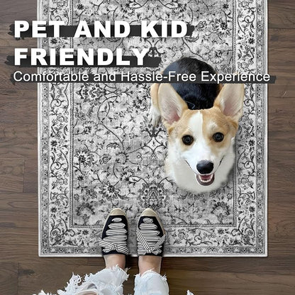 KILOCOCO Moroccan Kitchen Runner Rug 2x5 Runner Rug Washable Hallway Runners Printed Vintage Floral Non-Slip Rubber Backed Low Pile Distressed Boho Runners for Laundry Room Bedroom, Light Gray White