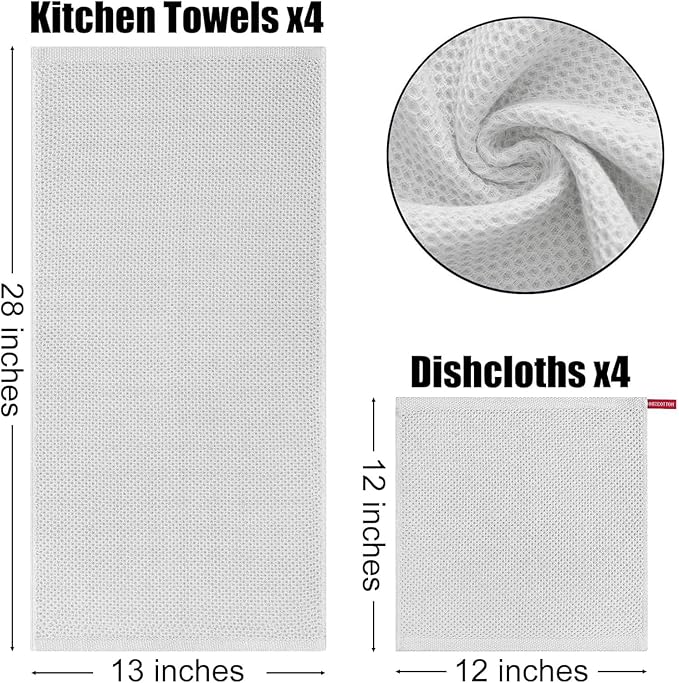 Kitinjoy 100% Cotton Kitchen Towels and Dishcloths Set, 12 Pack Waffle Weave Dish Towels Ultra Soft Absorbent Quick Drying Dish Rags, 13 x 28 Inch and 12 X 12 Inch, Light Grey