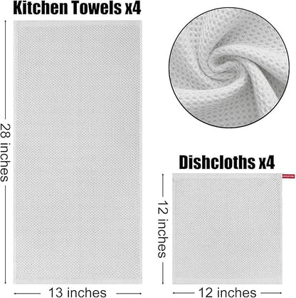 Kitinjoy 100% Cotton Kitchen Towels and Dishcloths Set, 12 Pack Waffle Weave Dish Towels Ultra Soft Absorbent Quick Drying Dish Rags, 13 x 28 Inch and 12 X 12 Inch, Light Grey