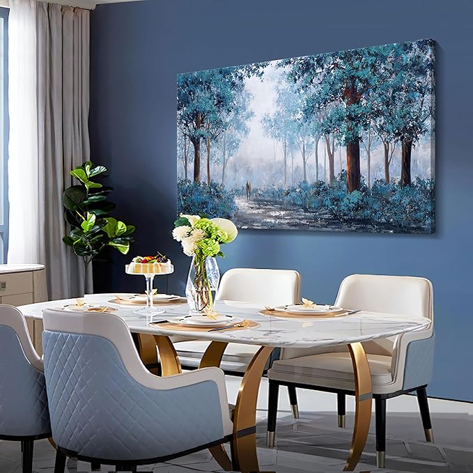 KLAKLA Prussian Blue Wall Art - Vibrant Color Matching - Multi-layered Paint Overlay Effect & 24x48 inch Blue Leaves Plant Forest Picture Artwork Living Room Wall Decor