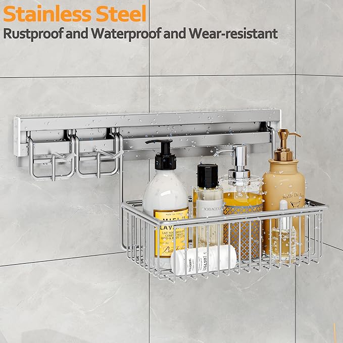 MINGLING Shower Caddy Hanging with Wall Back Crossbar, Rustproof 304 Stainless Steel Shower Organizer, Adhesive Bathroom Wall Storage Basket for Kitchen and Home Decor