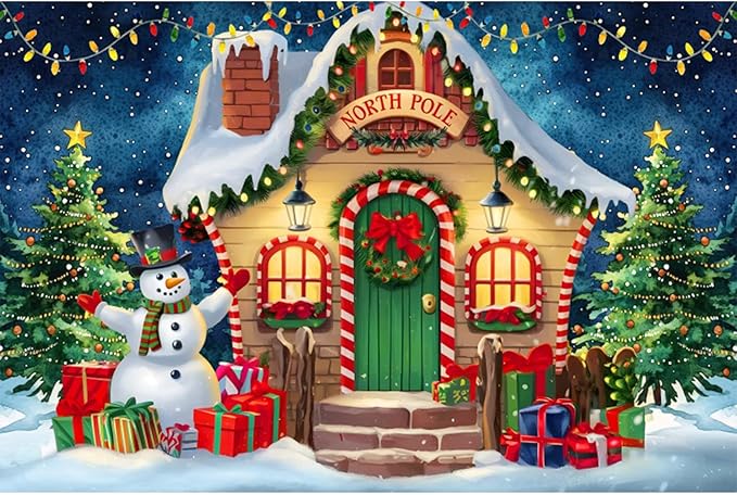 YongFoto Merry Christmas Backdrop 10x7ft North Pole Night Sky Pine Forest House Snowman Xmas Tree Photography Background 2026 New Year Winter Holiday Party Banner Photoshoot Wallpaper Photo Booth