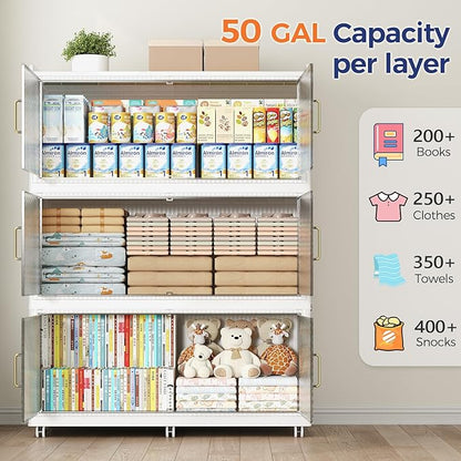 150 Gallon Extra Large Collapsible Storage Bin with Lid, 960QT Stackable Plastic Organizer with 6x Wheels, Foldable Drawer Cabinet for Closet, Living Room Office, Kitchen 3Pack, White