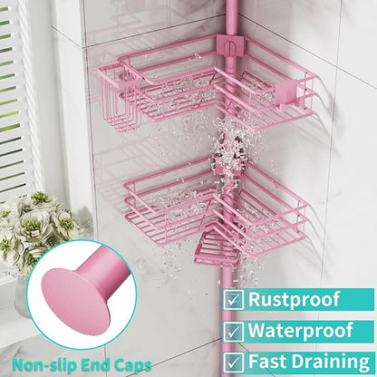 HapiRm Corner Shower Caddy Organizer - Shower Organizer Corner with Soap Holder, Toothbrush Holder and 4 Hooks, Rustproof Bathroom Shelf Tension Pole Available for 27.6 to 108.3 Inch - Pink
