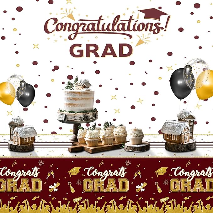 chiazllta Set of 3 Graduation Tablecloths Class of 2025 Congrats Grad Maroon Graduation Party Tablecover Decorations Party Supplies Large Size Plastic 54"x108"(Maroon & Gold)