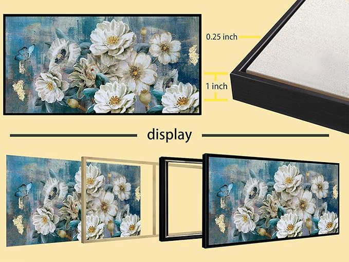 Arjun Large Black Framed Flower Canvas Wall Art for Living Room White Modern Painting for Bedroom Textured Gold Foil Turquoise Picture Floral Teal Artwork Bathroom Home Office Decor, 40"x20"