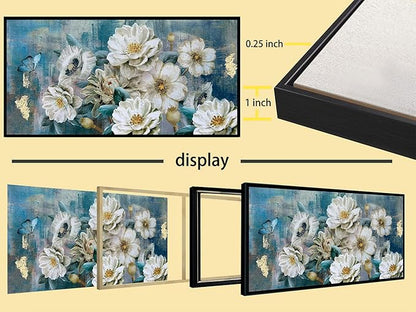 Arjun Large Black Framed Flower Canvas Wall Art for Living Room White Elegant Modern Painting for Bedroom Textured Gold Foil Turquoise Picture Floral Teal Artwork Home Office Decor, 48"x24"