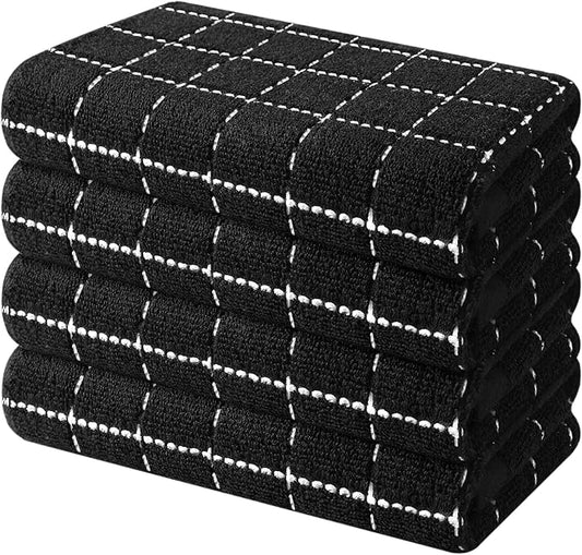 Mordimy 100% Cotton Terry Cloth Kitchen Towels, Super Soft and Absorbent Dish Towels for Drying, Checkered Designed Hand Towels for Kitchen, 16 x 26 Inches, 4 Pack, Black