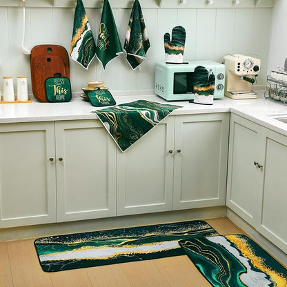 10 Pcs Christmas Marble Farmhouse Kitchen Decor Accessories Set Marble Kitchen Dish Towels Rugs Oven Mitts and Pot Holders Sets for Cooking Baking Daughter Mom Gift(Green)