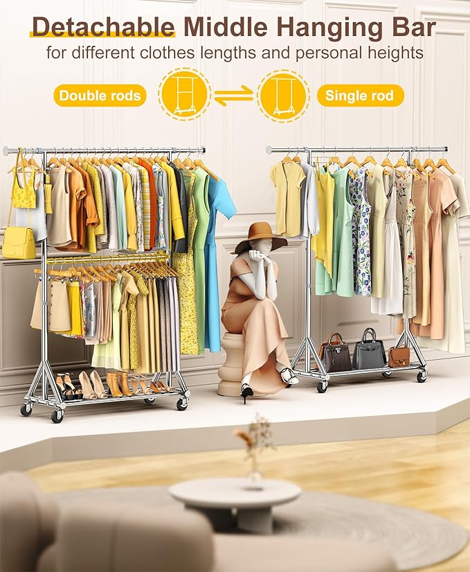 100% Stainless Steel Heavy Duty Clothes Rack Load 860LBS, Adjustbale Height Double Rods Clothing Racks for Hanging Clothes, Rolling Garment Rack With Sturdy Wheels Shelf (Silver, 73.8"H*63.6"W*16.9"D)