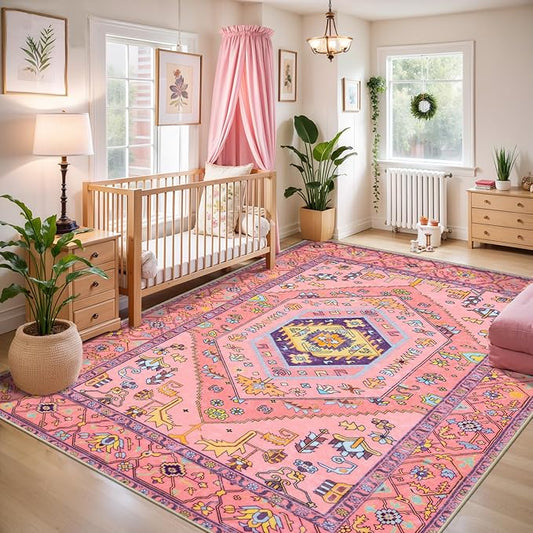 SERISSA Area Rugs 5X7 Nursery Rug for Baby Girl, Washable Non-Slip Boho Rug for Living Room, Ultra Soft Cute Fuchsia Pink Rugs for Bedroom Playroom Kids Room Dining Room Office Dorm Decor