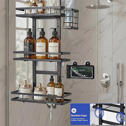 Over the Door Shower Caddy Hanging, Rustproof Shower Shelves with Waterproof Phone Pouch, 3-Tier Adjustable Bathroom Organizers and Storage, No Drilling Shower Shelf, Black Shampoo Soap Holder