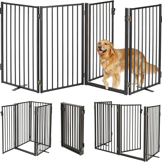 Metal Freestanding Dog Gates with Door for Outdoor Indoor,80'' Extra Wide 36'' Tall Free Standing Dog Gate for Doorways,Large Openings,Deck,Yard,Porch,Foldable Safety Pet Fence(Black,4 Panels)