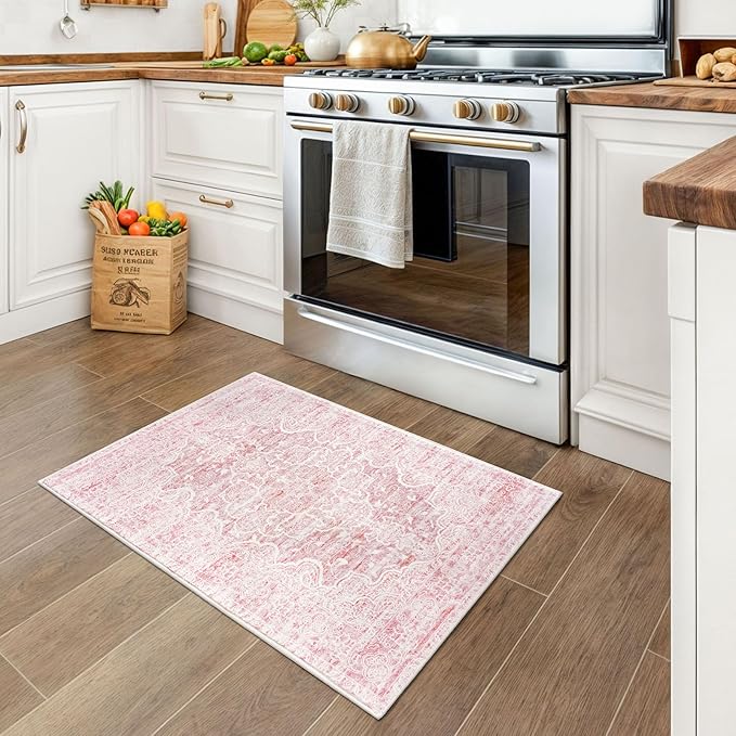 KUTA Vintage Entryway Rug - Indoor Pink Washable 2x3 Non-Slip Ultra Soft Printed Oriental Floral Doormat Accent Rug for Entrance and Bedroom Nursery