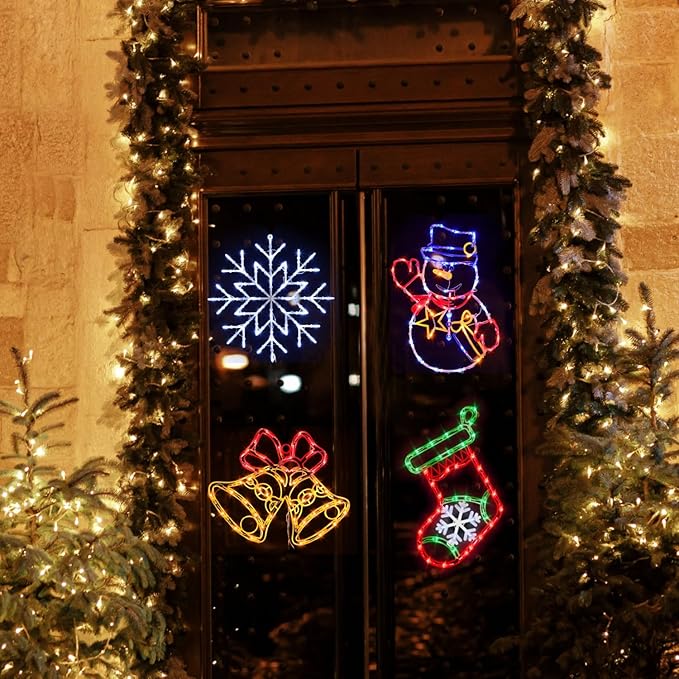 16" Christmas Window Silhouette Lights Decorations - 4 Pack Colour Lighted Snowman ＆ Christmas Stocking ＆ Bell＆ Snowflake for Holiday Wall Door Window Decorate
