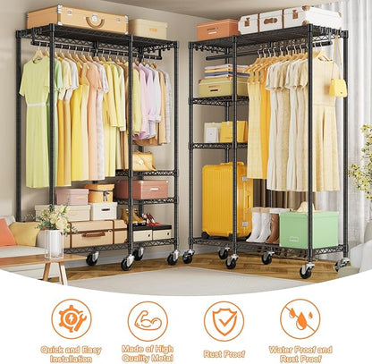 Ulif F4R Heavy Duty Clothes Rack（With Lockable Wheels ） Rolling Clothing Racks for Hanging Clothes，Adjustable Closet Organizer System，Portable Garment Rack 45"W x 15.8"D x 73.5"H，Max Load 650LBS，Black